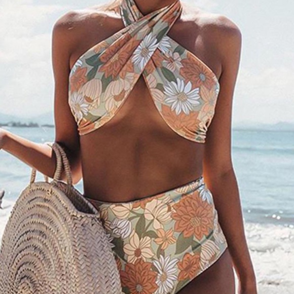 Womens Halter Wrap High Waist Floral Bikini sz medium - Picture 1 of 9